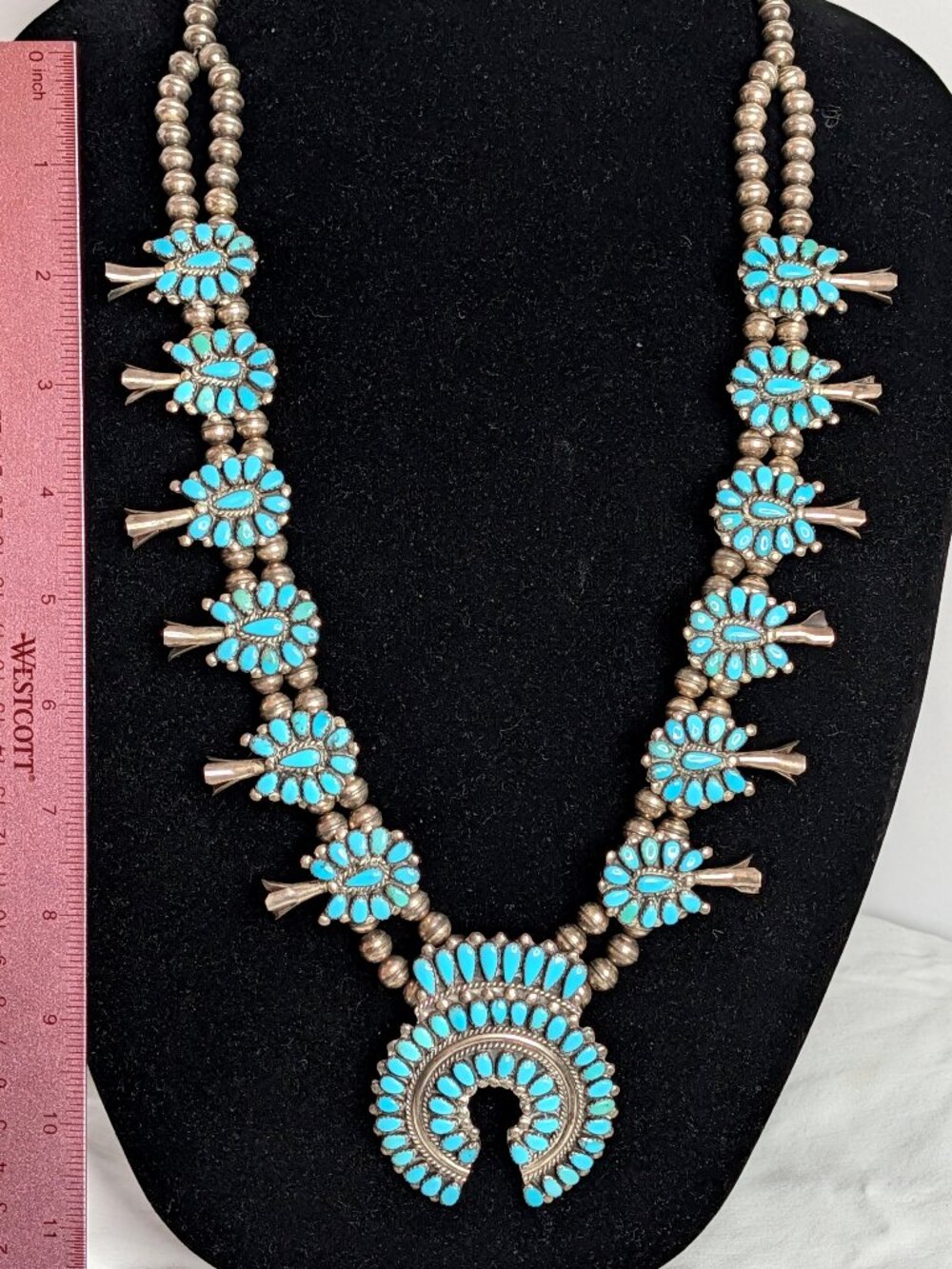 Massive 31 Inch NAVAJO Native Turquoise Sterling Silver SQUASH BLOSSOM Necklace